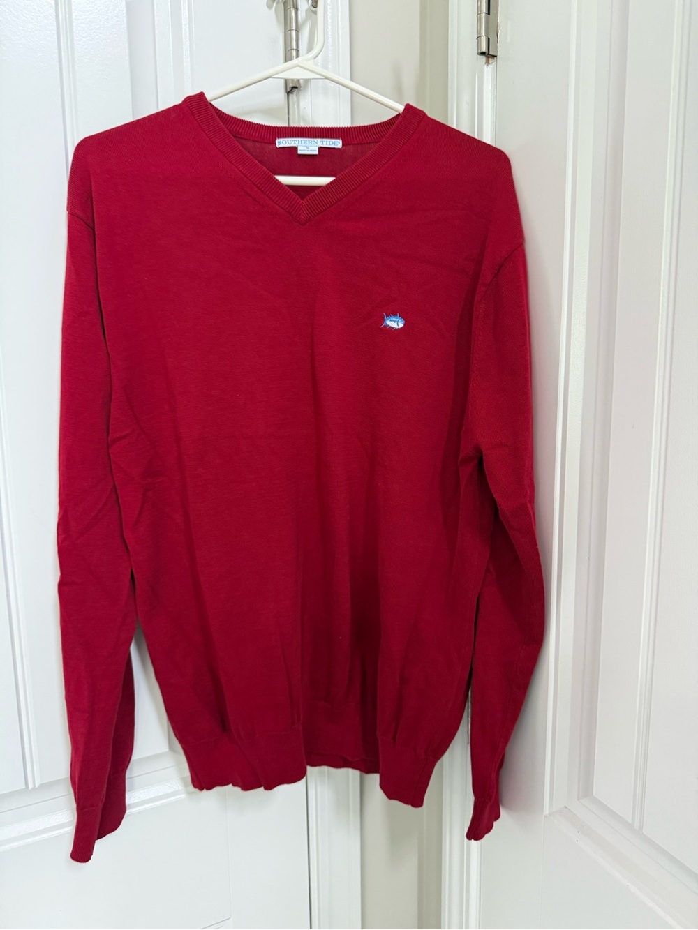 Southern Tide Men's Red V-Neck Sweater with Embroidered Fish Logo